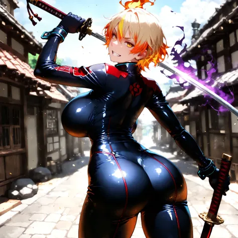 1girl, Backview, Perfect Ass, Shura Kirigakure, Shura Kirigakure from Blue Exorcist, \\(vocaloid\\), Angry, Smiling, Extreme Open-Back Catsuit, Big Breasts, curvy, Breasts visible, Extreme Open-Back Catsuit, beautiful Shura Kirigakure from Blue Exorcist, A...