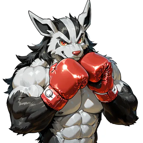 mightyena, pokemon, high quality, male, solo, white background, no background, looking at viewer, posing, half body, very muscular, thick arms, wearing boxing gloves, pov_boxing,