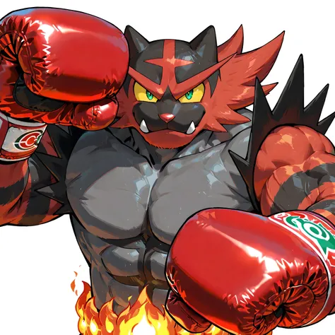 incineroar, pokemon, high quality, male, solo, white background, no background, looking at viewer, posing, half body, very muscular, thick arms, wearing boxing gloves, pov_boxing, boxing posture, boxing stance, front view, flame belt, yellow sclera, green ...