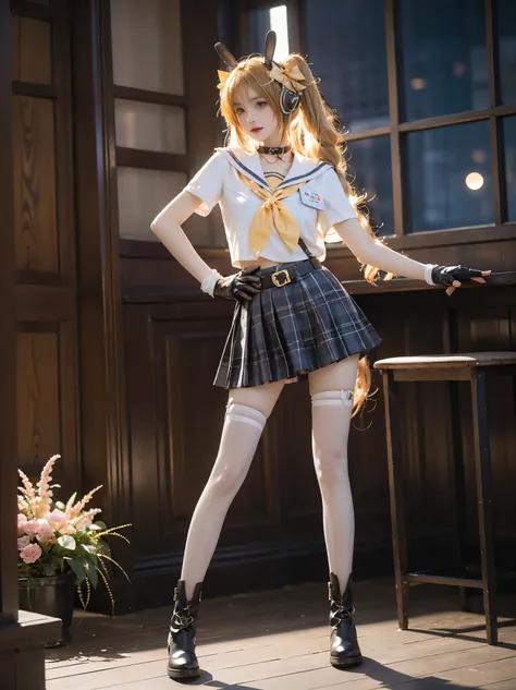 angela cosplay costume, cosplay, orange hair, long hair, twintails, drill hair, school uniform, serafuku, white shirt, shirt, plaid skirt, pleated skirt, sailor collar, choker, belt, gloves, fingerless gloves, bracelet, animal ear headphones, headphones, h...