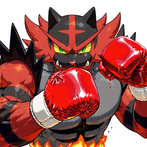 incineroar, pokemon, high quality, male, solo, white background, no background, looking at viewer, posing, half body, very muscular, thick arms, wearing boxing gloves, pov_boxing, boxing posture, boxing stance, front view, blood coming from nose, wiping bl...