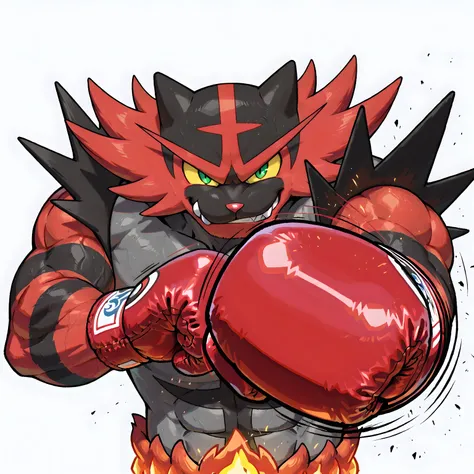 incineroar, pokemon, high quality, male, solo, white background, no background, looking at viewer, posing, half body, very muscular, thick arms, wearing boxing gloves, pov_boxing, boxing posture, boxing stance, front view, (viewer punches incineroar), angr...