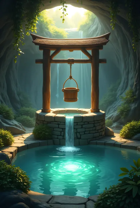 A well with a bucket dropping from the well. Under the well is an underground oasis with a pool of water and light shinning all around the oasis