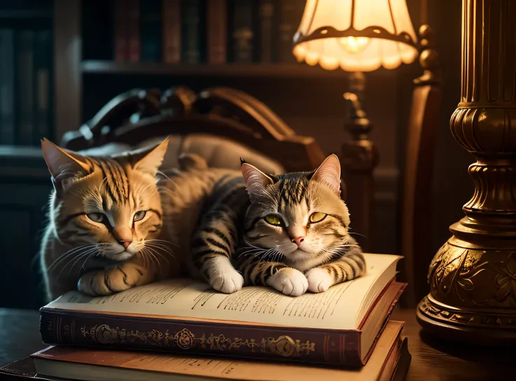 A cozy and magical scene of a tabby cat peacefully sleeping on a stack of antique books. The books have intricate gold detailing on their covers, adding a vintage charm. A warm, glowing lamp with an ornate shade illuminates the surroundings, casting a soft...