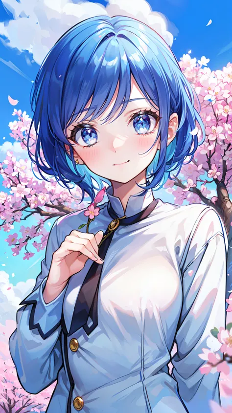 a beautiful young woman with blue hair in a ミディアムヘアー, light blue eyes, beautiful detailed eyes and sparkling features, a light smile and blushing cheeks, mouth slightly open, against a backdrop of a cherry blossom sky, masterpiece, ultra-detailed, highly r...