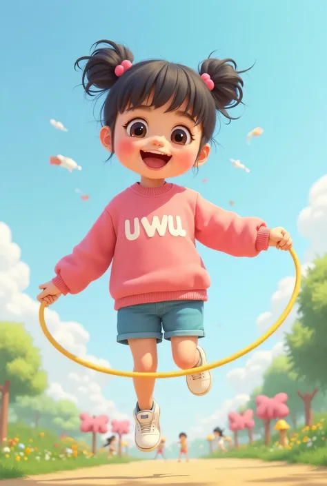 "A cute, adorable girl, Uwu, , with her hair in two buns on top and bangs framing her face, clear hair fiber, beautiful cute girl, cheeks flushed. She is wearing a pink sweater with 'uwu' written on the front in white font, blue shorts, and white sneakers....