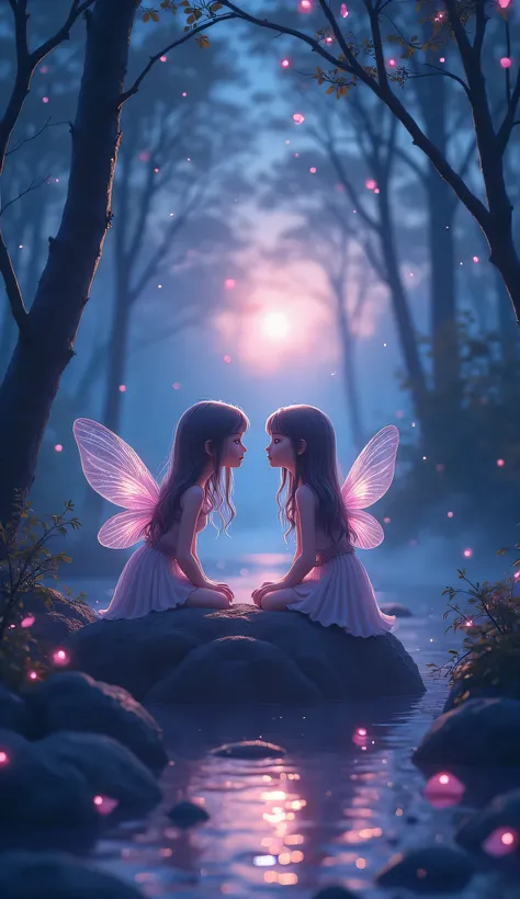 A magical forest illuminated by dimly lit light, with a thin mist floating in the air.  in the center , two fairy figures sitting face to face on a rock float above a glowing river. One of fairies have transparent wings that shine softly, gazes deep in dou...