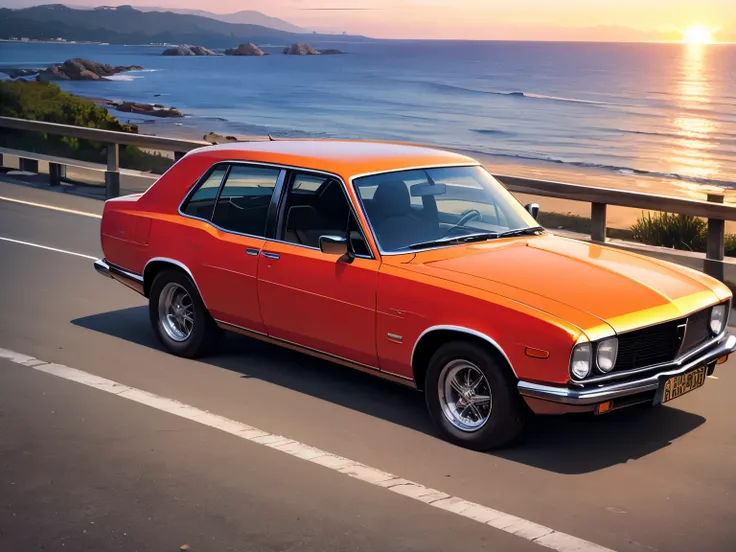 In the sunset、Classic car that runs along the coast。red sports type classic car。The sunset is reflected in the sea、Shining orange 。