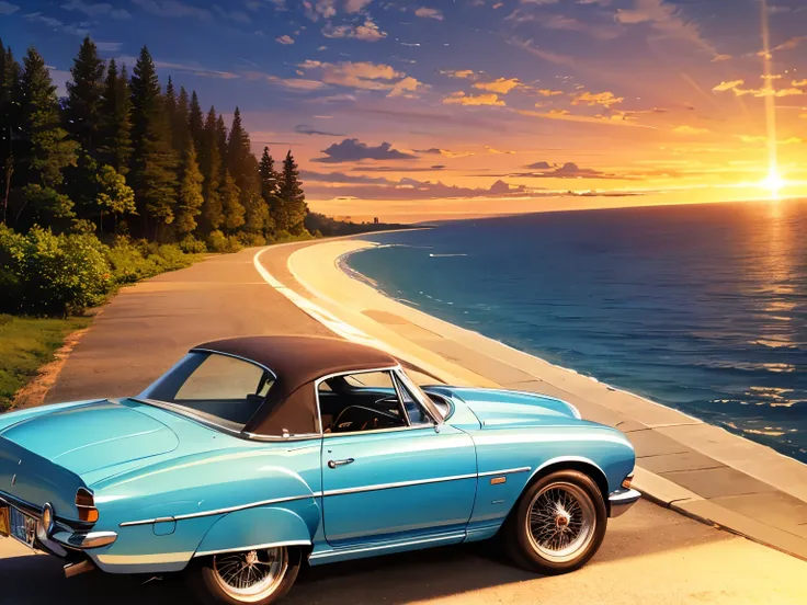 In the sunset、Classic car that runs along the coast。red sports type classic car。The sunset is reflected in the sea、Shining orange 。