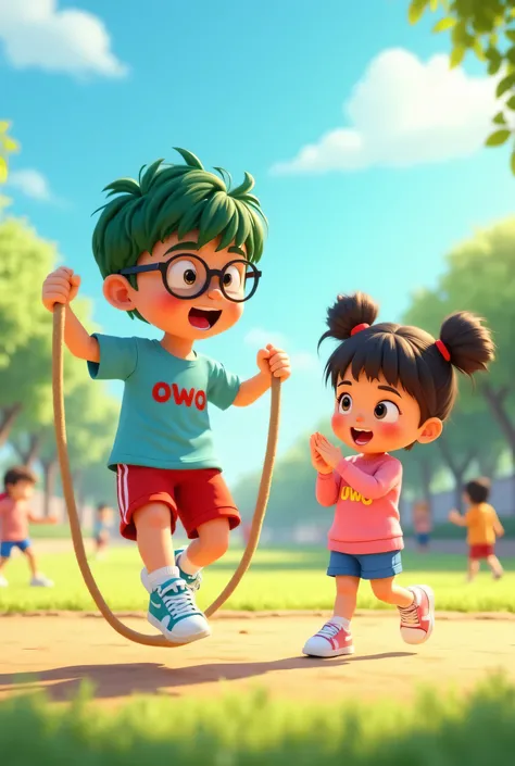 "A cute, Owo, , with green slightly messy hair, big black round glasses, wearing a light blue t-shirt with 'owo' written on it in red font, red shorts, and blue sneakers. Owo is actively jumping while holding a skipping rope, his feet slightly off the grou...