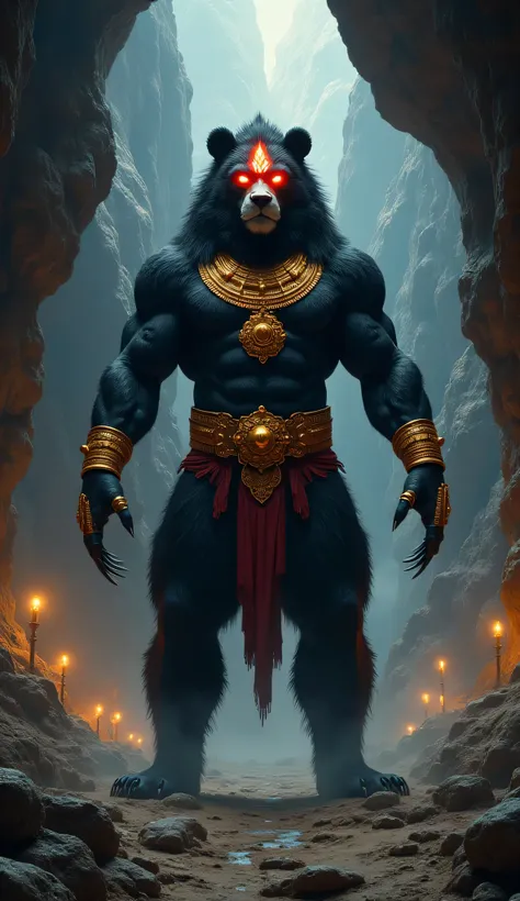 "A grand, mystical cave within a towering mountain, where Lord Narasimha stands in a powerful warrior-like stance. His body is human-like but with the fierce face of a lion. His eyes blaze with an intense divine glow, exuding raw power and cosmic wisdom. A...