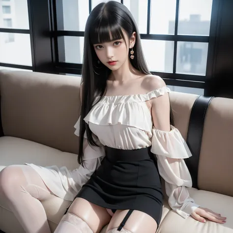 ( girl sitting on office couch ))、High technical level:1.1 Photo Real、 natural light:1.5、Light Effects(Virtual Light Effects:1.5、Natural Light Effects:1.5、Light Effects:1.5、Light Effects:1. 8)、(( straight bangs 、Princess Bang))、  princess cut 、 straight ba...