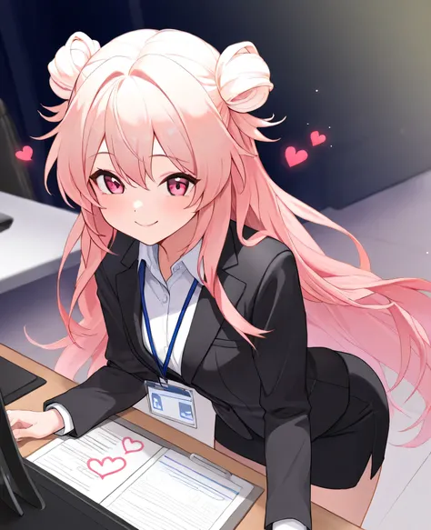 maSterpiece,   best quality,  1 girl alone、Young face,(), clear 、 S、 small、 Small titS、((( white hair ribbon:0.4))),  pink eyes,(((white bun hair))),((( pink long hair))),(((Longer hair))),  black suit ,  OFFICE LADY,Smile,  idol、 lotS of heartS、 have red ...