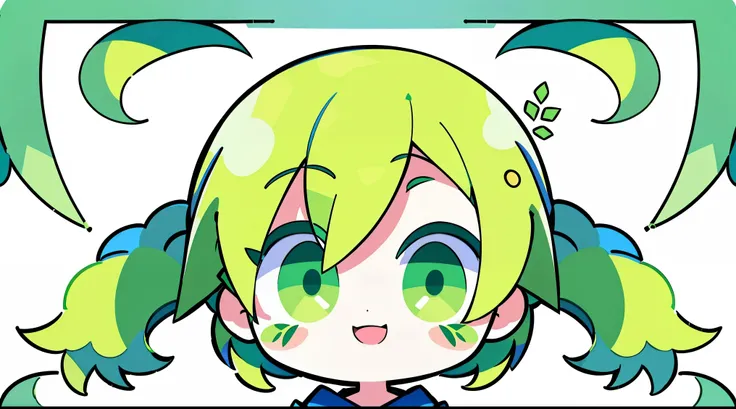 flat color, 2D, cute, CHIBI, (masterpiece, Highest quality), from above, One Girl, alone, full body, (green hair, twin tail) and (green eyes), hoodie, happy, smiling, jumping, aerial, flat illustrations, green theme, highly detailed, Dynamic Angle, beautif...