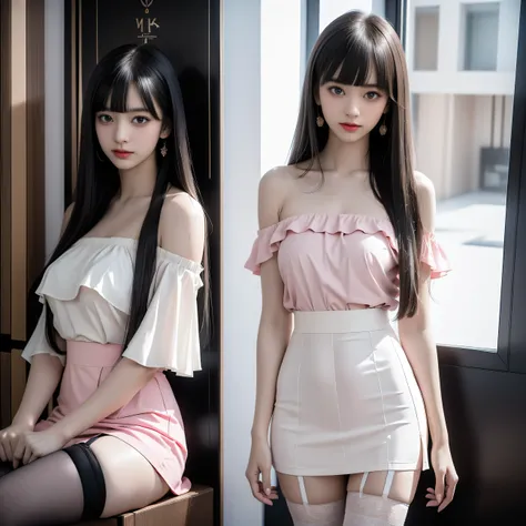 ( girl sitting on office couch ))、High technical level:1.1 Photo Real、 natural light:1.5、Light Effects(Virtual Light Effects:1.5、Natural Light Effects:1.5、Light Effects:1.5、Light Effects:1. 8)、(( straight bangs 、Princess Bang))、  princess cut 、 straight ba...