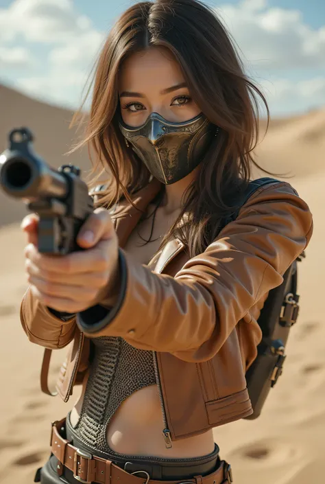 (8k, best quality conversation , masterpiece), ( exists , photo exists : 1.37), very detailed, one girl to rainbow , { Grid Girl with a Shotgun }, Wide angle , big swaying breasts , ...