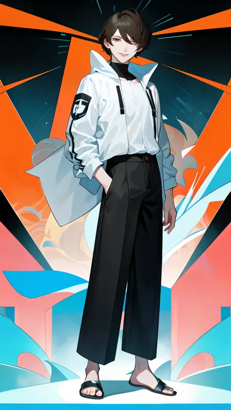 Please create a perfectly framed, full-figure, full-body illustration of a professional-grade male VTuber character, specifically designed for streaming use. The character is a stylish and handsome young man of Japanese descent, with a charismatic yet appr...