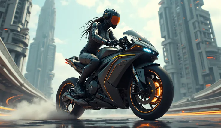 Future girl, with headphones, helmet, riding a futuristic motorbike. Future architecture