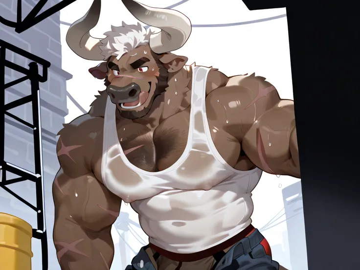 1boy, solo, anthro furry, minotaur, bull, large curved horns, short brown fur, brown-black beard, dark patterns, red eyes, eyes with scars, white hair, brown-black hair, brown-black chest hair,
At a construction site, standing sideways, sweating, wearing a...