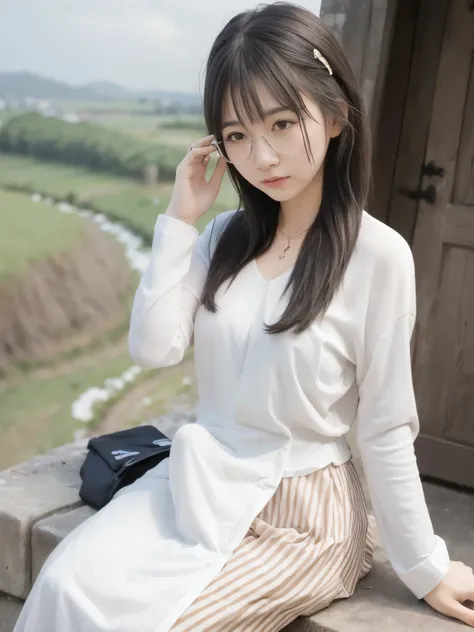  masterpiece,  top quality,  best quality, 1 girl,   black hair,  long hair, bangs, ((countryside, village)),  small boobs, Top and bottom ponytail,  standing,  Clear Glasses , skirt，Erection under clothes, flat chest