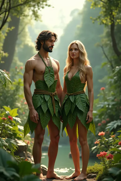 Adam and Eve in the garden of eden wearing aprons made of fig leaves 3d, 4k photorealistic 