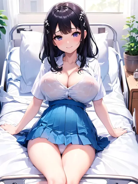 ((gigantic tits、boobs、Big Breasts、 popup、Butt、 hospital bed、white panties seen from the front、camel toe,  white shirt 、pleated skirt、smile、 erect nipples、 best image quality))