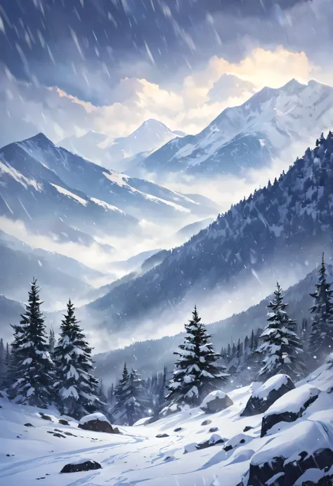 Mountain scenery in a blizzard where snow falls like a storm