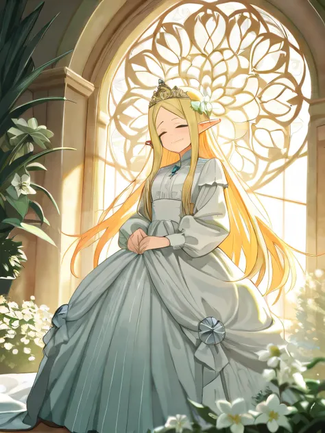 A picture of a  with oversized blouse, observing the little flowers in the ground of her garden. She wears a ball gown with large blouse and skirts.  Her dress is a royal ball dress colored with lime and white stripes. There are dandelions growing on her s...