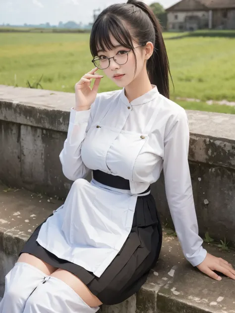  masterpiece,  top quality,  best quality, 1 girl,   black hair,  long hair, bangs, ((countryside, village)),  small boobs, Top and bottom ponytail,  standing,  Clear Glasses , skirt，Erection under clothes, flat chest