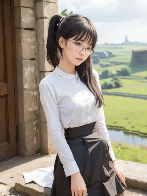  masterpiece,  top quality,  best quality, 1 girl,   black hair,  long hair, bangs, ((countryside, village)),  small boobs, Top and bottom ponytail,  standing,  Clear Glasses , skirt，Erection under clothes, flat chest