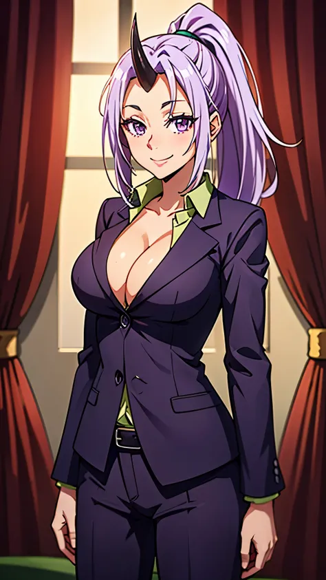 （ Super Quality , super high resolution,16k,super masterpiece,Ultra HD , detailed shading and background,）Upper body shot,sexy older sister, long purple hair, ponytail,1 horn from the forehead,in a dark purple suit, green shirt, Chest Valley,blush,smile, L...