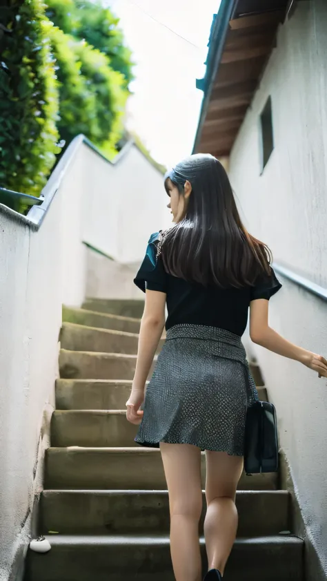 (8k, Top quality, Masterpiece:1.2), (realistic, photo-realistic:1.37), Super detailed, perfect anatomy, cute, small eyes, 1, a Japanese, girl, mini skirt, walking stairs, back shot, old looking at the top of the stairs