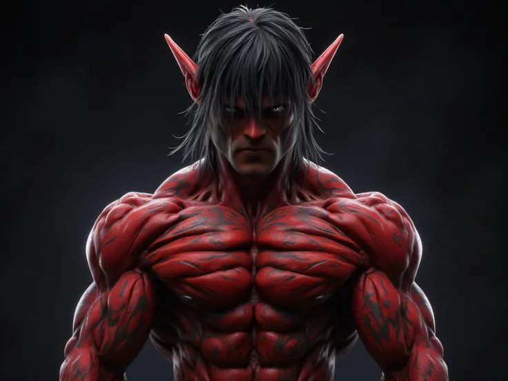 Elf clan , very handsome face , Pointed ears, Red skin, not wearing a shirt, Six-pack, handsome elf, Stand with arms crossed, Dark face, aggressive , The most handsome villain, Full body tattoo , gangster, waist-length black hair, Hair Messy , Straigh...