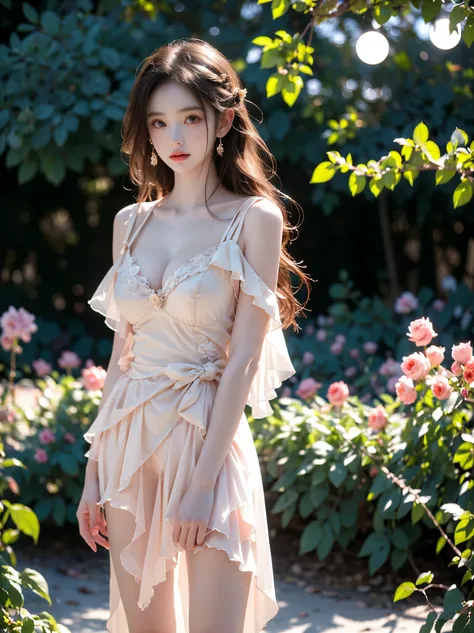 Romantic Rosette dress, ,,(photorealistic:1.3), (cowboy shot:1.3), masterpiece, best quality, ultra-detailed,beautiful asian woman, fashion model, (Full bust, visible cleavage, very short hemline), (Beautiful romantic style), (elegant contrapposto stance:1...