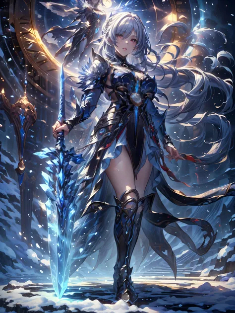 (((masterpiece, best quality, high detailed, 16k))) Female sword knight holding a perfect sword in her hands, female paladin, big breasts, magic circle, snow and clock tower background, masterpiece, best quality, magnificent, celestial, epic, majestic, mag...