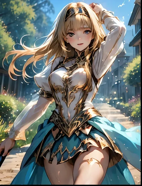 （（（ＳＦＷ、Accuracy、Highest quality、 A first-class masterpiece 、 Normal body 、32K、   detailed face 、 super precise、   Real Color 、5 fingers、Highest、3d）））Alisha、『Valkyrie Profile 2』、Golden Hair 、 long hair、 short、Big Breasts、 slender、 slim、Navel exposed、ribbon ...