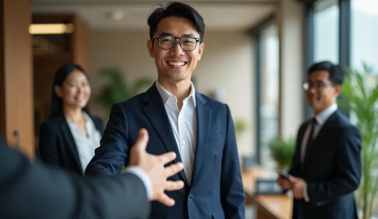 Dynamic Customer Interaction: An agent stretching out for a handshake, welcoming clients.  asian