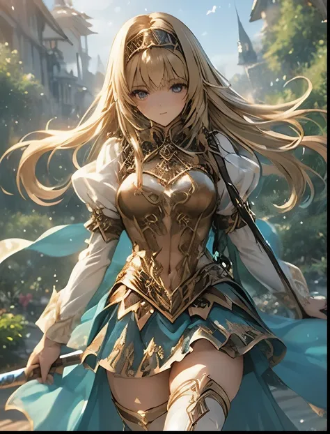 （（（ＳＦＷ、Accuracy、Highest quality、 A first-class masterpiece 、 Normal body 、32K、   detailed face 、 super precise、   Real Color 、5 fingers、Highest、3d）））Alisha、『Valkyrie Profile 2』、Golden Hair 、 long hair、 short、Big Breasts、 slender、 slim、Navel exposed、ribbon ...