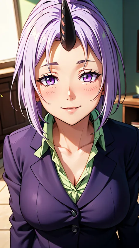 （ Super Quality , super high resolution,16k,super masterpiece,Ultra HD , detailed shading and background,）Upper body shot,sexy older sister, long purple hair, ponytail,1 horn from the forehead,in a dark purple suit,green inner shirt, Chest Valley,Open your...