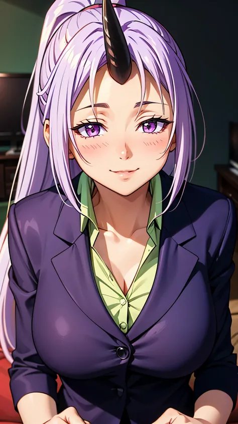 （ Super Quality , super high resolution,16k,super masterpiece,Ultra HD , detailed shading and background,）Upper body shot,sexy older sister, long purple hair, ponytail,1 horn from the forehead,in a dark purple suit,green inner shirt, Chest Valley,Open your...