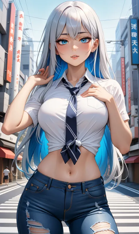 ((Random Sexy pose)), ((Ultra detailing)), (very aesthetic, best quality, ultra detailed), intricate details, 1girl, silver hair, Blue inner hair  ,(blue eyes),((Detailed eyes)), ((Beauotifull eyes)), ((prefect eyes)), sharp jawline, long hair, Medium brea...