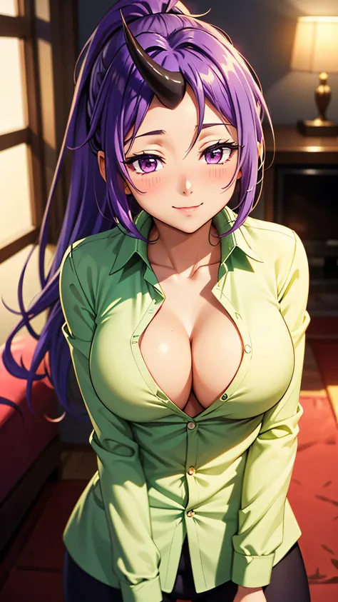 （ Super Quality , super high resolution,16k,super masterpiece,Ultra HD , detailed shading and background,）Upper body shot,sexy older sister, long purple hair, ponytail,1 horn from the forehead,in a dark purple suit,green inner shirt, Chest Valley,Open your...