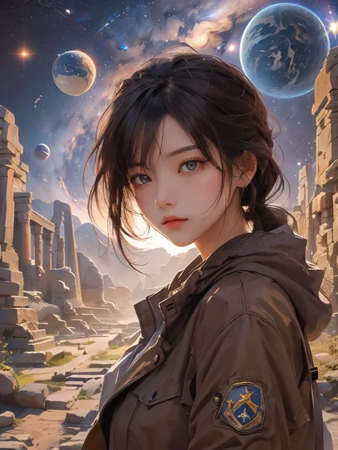  One Beautiful Woman 。late twenties。 dark brown hair。 She is staring at the camera with a serious expression。She's wearing a brown jacket。images of superancient civilizations and outer space in the space behind her。