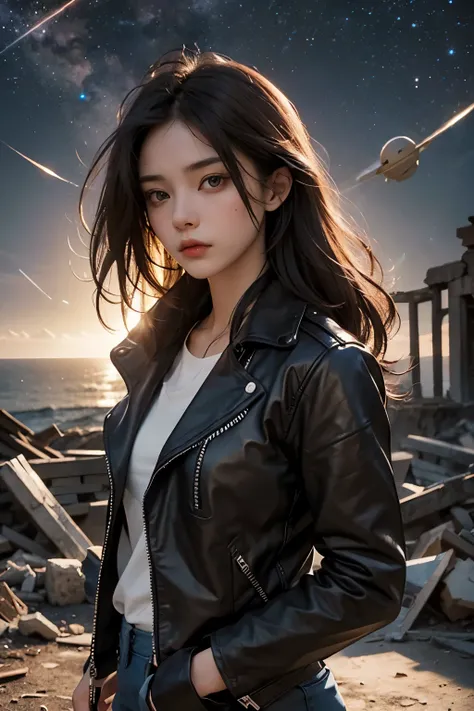 a beautiful woman standing in front of the ruins of an ultra-ancient civilization。She's in her late twenties。she has dark brown hair。she is staring at the camera with a serious expression。she is wearing a brown leather jacket。she can see outer space in the...