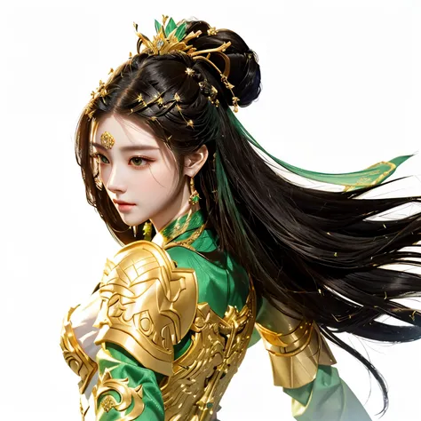 a close up of a woman with long hair wearing a gold and green outfit, portrait knights of zodiac girl, a beautiful fantasy empress, 3 d render character art 8 k, inspired by Lan Ying, inspired by Du Qiong, beautiful render of tang dynasty, queen of the sea...