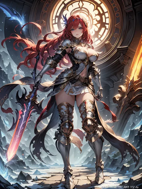 (((masterpiece, best quality, high detailed, 16k))) Female warrior holding a perfect sword in her hands, female paladin, big breasts, magic circle, snow and clock tower background, masterpiece, best quality, magnificent, celestial, epic, majestic, magical,...