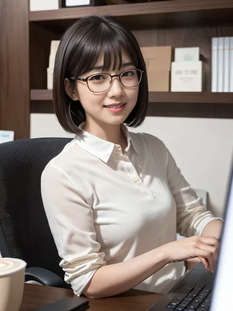  high resolution、 masterpiece、 textured skin、  high definition 、超 high resolution、 very well detailed、woman、 ,Plain,  medium bob、bangs、Age 20、 Smile、((staff identity card))、file、 coffee、chocolate、 frameless glasses 、Alone、 office、 computer
