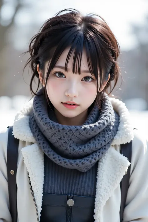 Hyper-detailed, photorealistic image of a lone age girl with a wavy messy pixie cut, double eyelids, droopy eyes, yaeba teeth, thick gray scarf enveloping her hair (1.3 emphasis), red cheeks, no makeup, eyes and mouth closed, pure and intricate skin, in a ...