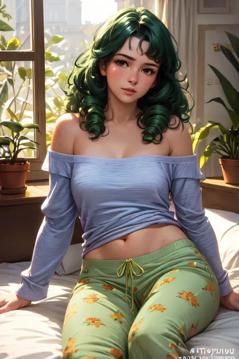 (photorealism:1.2), beautiful woman, sitting on bed, wearing loose off-shoulder top, pajama pants, long curly hair, green hairs, shining eyes, indoors, soft lighting, plants in background, window with sunlight, cozy room, relaxed pose, realistic, intricate...