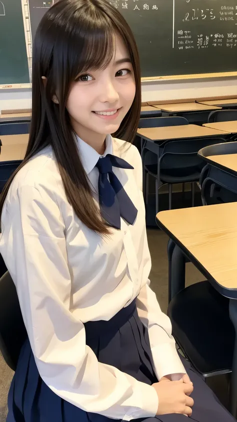  Japanese　woman　18 years old　 hair is long　 slender　In uniform　classroom　smile　Man hugging from behind